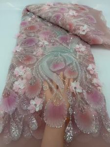 5 Yards African Beaded Lace Fabric Tulle with Sequins French 3D Flower Embroidered Applique for Sewing Material
