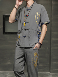 Chinese Style Tang Suit Short Sleeve Suit Men Summer Han Dynasty Ice Silk T-shirt Loose Casual Trousers Youth Ancient Costume Fashion