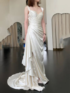 เรียบหรู Acetate ผ้าซาติน งานแต่งงานแบบฝรั่งเศสไหล่เดียว เดรส น้ำหนักเบา เจ้าสาว ชุดราตรี Double Wear พิธีแต่งงานกลางแจ้ง ชุดราตรี