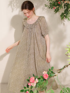 XEXZ | Combed Pure Cotton Floral Print Short Sleeve Sleepwear Womens French Style Summer Nightgown Round Neck Short Dress Sleepywear