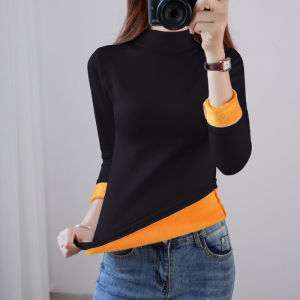 Womens Fleece Lined Thickened Long Sleeve Half High Collar T-Shirt Autumn Winter Warm Versatile Base Layer Shirt Commute Style