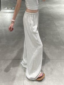 High Waist Drawstring Drapey Striped Casual Pants Womens Loose Slimming Floor-Length Trousers Korean Style Straight Leg Pants
