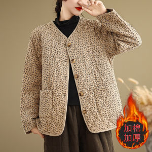 Lightweight Floral Print Womens Cotton Jacket Thin Quilted Vest Korean Style Loose Fit Long Sleeve V-Neck Winter Coat