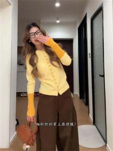 เสื้อคาร์ดิแกนถักแขนยาวสไตล์เกาหลีสำหรับผู้หญิง เสื้อชั้นในทรงเข้ารูป ฤดูใบไม้ร่วง/ฤดูหนาว 2024 คอกลม ปกติ