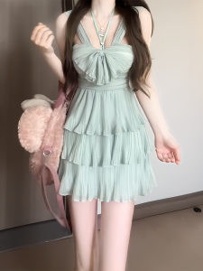 Gentle Pure Desire Neck Hanging Butterfly Knot Sleeveless Pleated Dress Women Summer High Waist A-Line Cake Strap Short Skirt