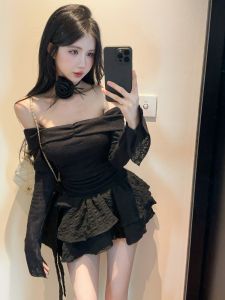 French Style One Shoulder High Waist Floral Print Top Womens Long Sleeve Cake Skirt Two Piece Set Slimming Bell Sleeve Dress