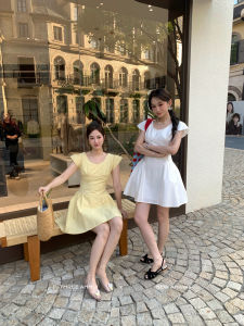 F.Tee Three Sisters Summer 2025 round Neck A-Line Korean Style Slimming Dress Short Sleeve Waist-Cinched Flying Sleeve Dress