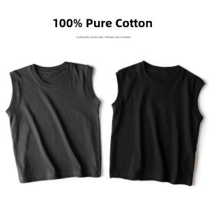 Boys Cotton Summer Vest Pure Color White Shirt Childrens Clothing Little Boys Sleeveless round Neck Top Casual Style