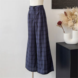 QIAONIAOGE | Loose Wide Leg Pants Casual Thin Checkered Long Trousers Womens Comfortable Drapey Lazy Style High Waist Straight Cut Trousers