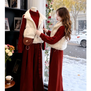 Shalldoer | Elegant Red Outfit Set for Autumn and Winter Seasonal Style Short Waistcoat V-Neck Sweater Pants Trio
