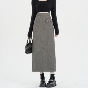 Thickened Gray Woolen Suit Skirt Womens Fall and Winter High Waist Slim Looking Mid Length Long Length Split A- line Sheath One-Step Skirt