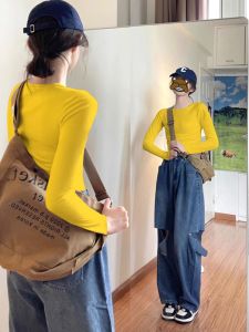 Dopamine Lemon Yellow Long Sleeve Cotton T-Shirt Womens Autumn Winter Slim Fit round Neck Base Shirt Top Cool Style Pure Color