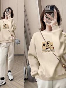 Áo Nỉ Nữ Dáng Rộng Thoải Mái Thời Trang Phong Cách Hàn Quốc Cổ Tròn in Họa Tiết Mùa Thu Cotton 90% Áo Nỉ Thường Ngày