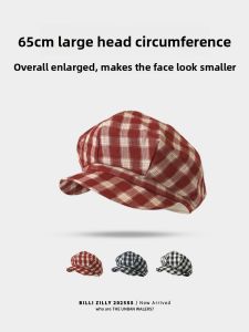 BILLI ZILLY | Retro Japanese Plaid Beret Hat Womens Artistic Style Painter Cap Large Head Size Small Face Cloud Octagonal Hat Fashionable Wide Brim Foldable