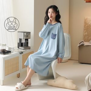 miiow | Pure Cotton Sleep Dress Womens Spring Autumn Long Sleeve Thin Chest Pad Home Clothes Midi Dress Comfortable Breathable Casual