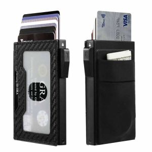 Mens Ultra-Thin Aluminum Card Holder RFID-Blocking Minimalist Metal Pop-Up Wallet Holds 12+ Cards-Cash Carbon Fiber Wallet