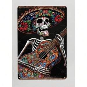 CIFbuy | Mexican Skeleton Playing Guitar Metal Sign Dia De Los Muertos Sugar Skull Wall Art Decor Rustic Tin Plaque for Home