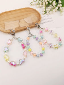 Handmade Short Multicolor Beads Mobile Phone Lanyard Durable Handheld Chain Colorful Heart Pendant Keychain Phone Case Locator Womens Style Wrist Chain