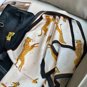 Silk Scarf Leopard Pattern Thin Long Rectangle Womens Fashionable Autumn White Enhancing Silk Scarf Hairband Multi-Functional