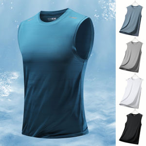 Mens Round Neck Sleeveless T-Shirt Fashion Casual Summer Cool Running Sports Elastic Top for Young And Middle-Aged