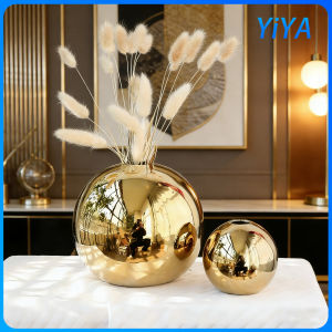 Household golden electroplated round ceramic vase decoration piece