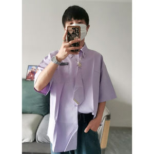 Preppy Style Purple Short-Sleeved Shirt Mens Summer K-style Teenagers Sun Protection Top Fancy Cool Half Shirt