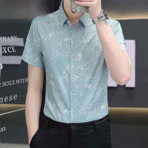 HENGYUANXIANG | Hengyuanxiang Mens Short Sleeve Shirt Ice Silk Printed Casual Fashion Summer Business Leisure Standard Fit No Ironing Required