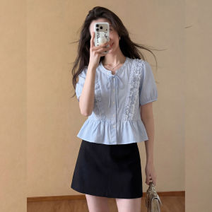 YIKEMAI | French Sweet Style Blue Puff Sleeves Ruffled Shirt
