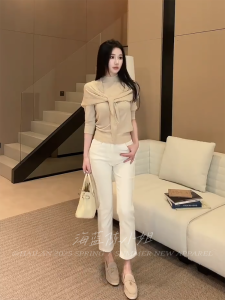 เสื้อสเวตเตอร์ถักคอสูงแบบฝรั่งเศสสำหรับผู้หญิงในฤดูร้อนปี 2025 เสื้อคลุมคาร์ดิแกนแบบเปิดไหล่แบบเปิดช่องสีสันสดใสสำหรับฤดูใบไม้ผลิและฤดูใบไม้ร่วง