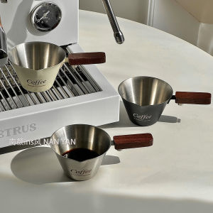 Stainless Steel American Espresso Coffee Measuring Cup with Walnut Handle Liquid Catching Cup Scale Engraved Durable Coffee Tools