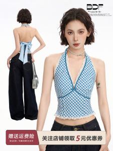 Áo Ba Lỗ Ren Cổ Treo Màu Xanh Kẻ Caro Áo Ba Lỗ Nữ Mùa Hè Áo Khoác Ngoài Áo Ba Lỗ Bên Trong Áo Ba Lỗ Che Ngực Phụ Nữ Trẻ