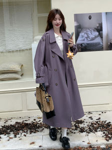 Elegant Purple Long Fashionable Womens Windbreaker Coat Korean Style Autumn New Arrival Casual Comfortable Polyester Fiber