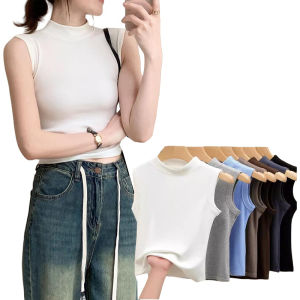 Ruizhijzg Sleeveless Womens Slim Tank Top Summer Ladies Girls Plain Color Elasticity Half Turtleneck Vest Round Neck Sleeveless T Shirts