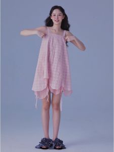 Fencili Sweet Cherry Blossom Pink Summer Girl Drawstring Sash Petal Dress Strapless Midi Skirt A-Line Silhouette Princess Style