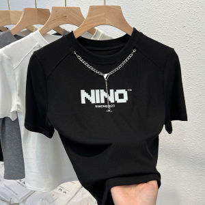 Chic American Hong Kong Style Short Sleeve T-Shirt Womens Summer Minimalist High-End Unique Small Shirt Top Fashionable Commute Style Pure Color round Neck Slim Fit Pear Shape