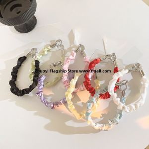 Portable Short Folded Edge Phone Case with Hand Chain Key Ring And Earphone Holder Cute Pink And White Design Durable Material