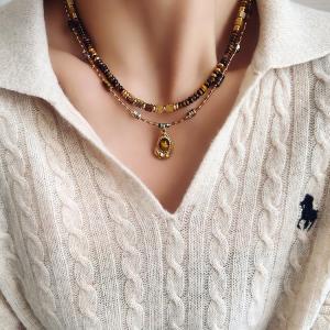 Natural Tiger Eye Stone Necklace Womens Vintage Minimalist Luxury New Chinese Style Beaded Layering Accessory Jewelry