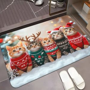 1Pc Christmas Cute Cat Print Doormat Non-Slip Microfiber Polyester Rug Machine Washable For Home Entryway Bedroom Living Room