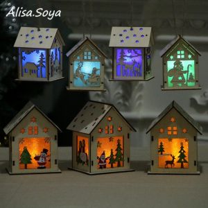 Santa Claus House Model Lantern Light Merry Christmas Decor For Home Christmas Tree Ornament Wood House Model Christmas Gifts Navidad 2022