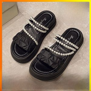 Princess Style Womens Sandals Summer 2025 New Soft Bottom Thick Heel Fairy Wind Pearl Two-Way Slip-On Slippers Casual Wear