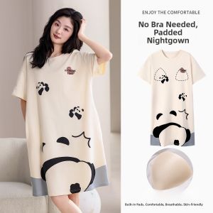 miiow | Pure Cotton Sleep Dress Women Summer With Chest Pad Loose Breathable Girls Nightgown Home Clothes Cartoon Panda Design