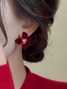 LL 18K gold Korean Fashionable Red flowers Womens Earrings ES63682