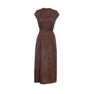 Elegant Printed Tie-Dye Long Dress Womens Summer New Style Slimming Acetate Belted Dress High Waist A-Line Skirt Short Sleeve