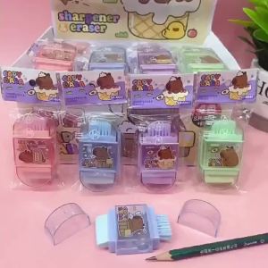 4Pcs/Set Capybara Pencil Sharpener Brush Eraser 3-in-1 Cartoon Exquisite Cute Girl Stationery Student School Supplies Children's Day Gift