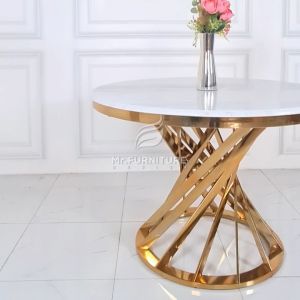 meja makan bulat top marmer krem kaki stainless