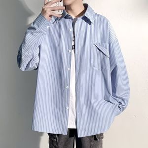 American Retro Striped Long Sleeve Mens Shirt Spring Summer Loose Casual Thin Style Student Loose Fit Urban Fashion Shirt