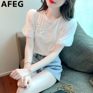 AFEG new Korean version of the round neck fashion casual loose assorted flowers pinned beads short-sleeved T-shirt