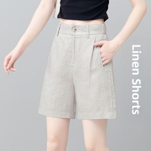 MEITESIJIAONU | Blue Casual Linen Shorts Mid-Thigh