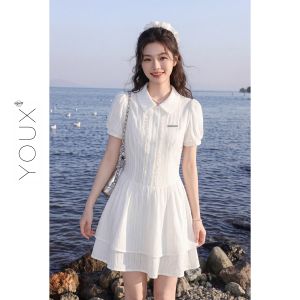 YOUXIANG | Đầm nữ dáng chữ A ngắn chiết eo tôn dáng trắng nhạt