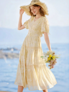 XIANGYING | Yellow V-Neck Puff Sleeves A-Line Dress